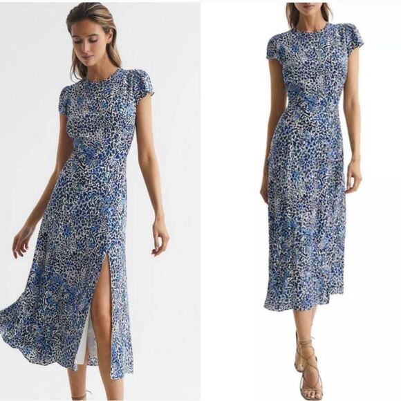 Reiss Livia Cutout Midi Dress Sz 2 Blue Abstract Leg Slit Silky Party Date Night - Picture 2 of 12